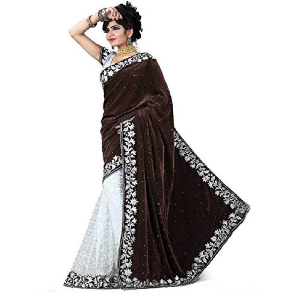 Ranili Velvet Embroidered Saree With Unstitched Blouse