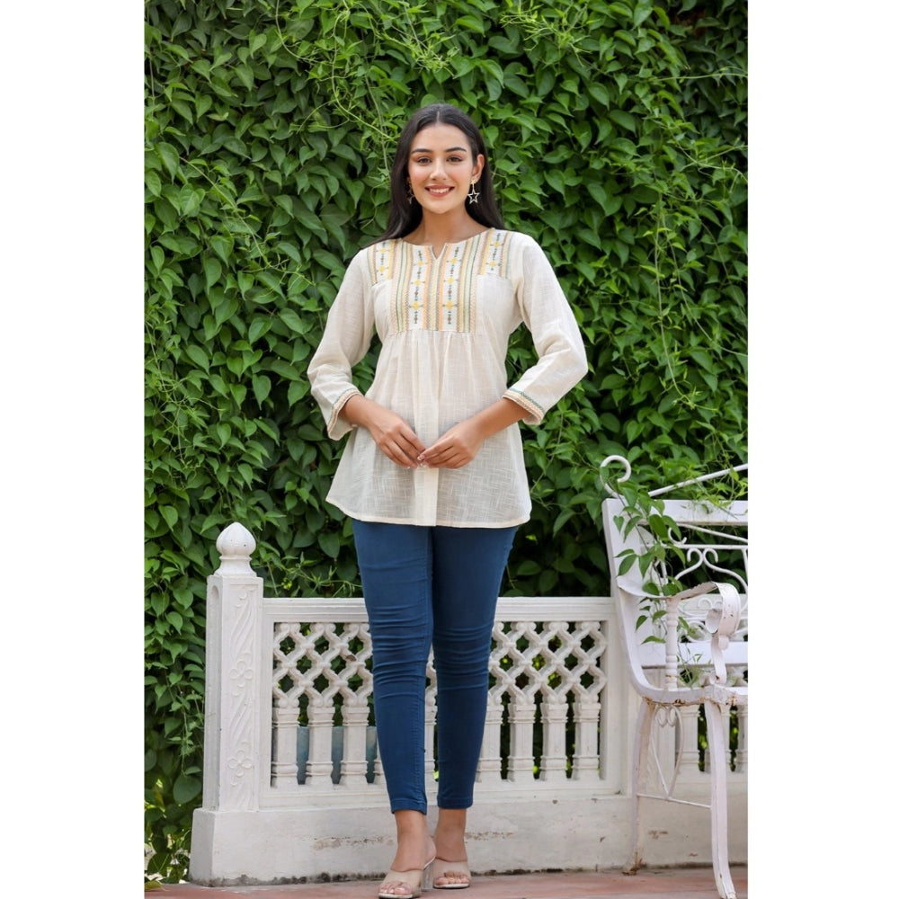 Ranili Cotton Embroidered 3/4 Sleeve V-neck Top