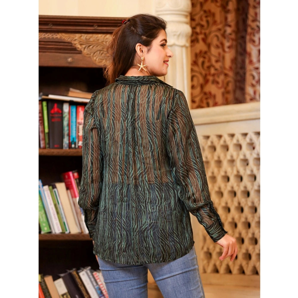 Ranili Chiffon Striped Full Sleeve Collared Shirt Top