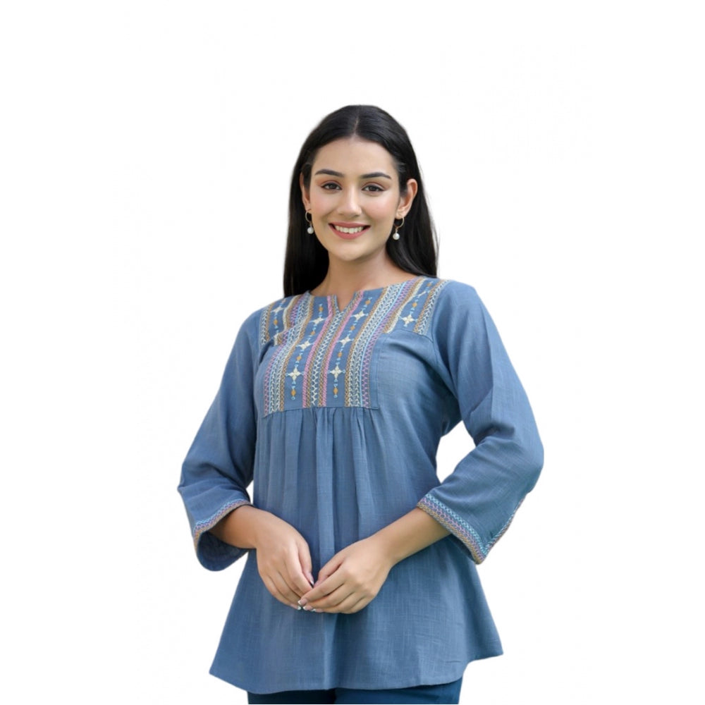 Ranili Cotton Embroidered 3/4 Sleeve V-neck Top