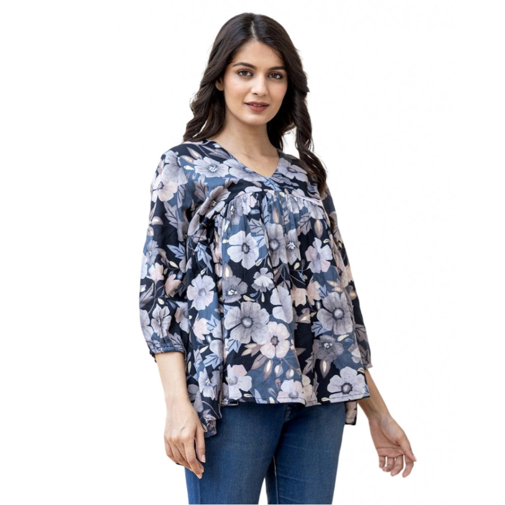 Ranili Cotton Printed 3/4 Sleeve V-neck Top
