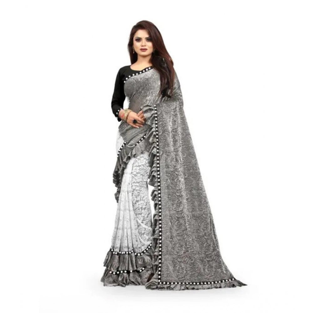 Ranili Silk With Mirror Lace Solid Saree With Unstitched Blouse
