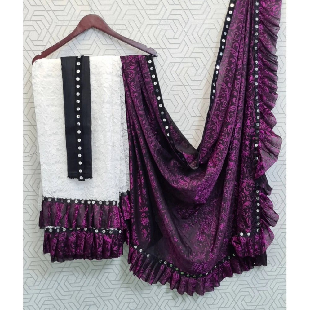 Ranili Silk With Mirror Lace Solid Saree With Unstitched Blouse