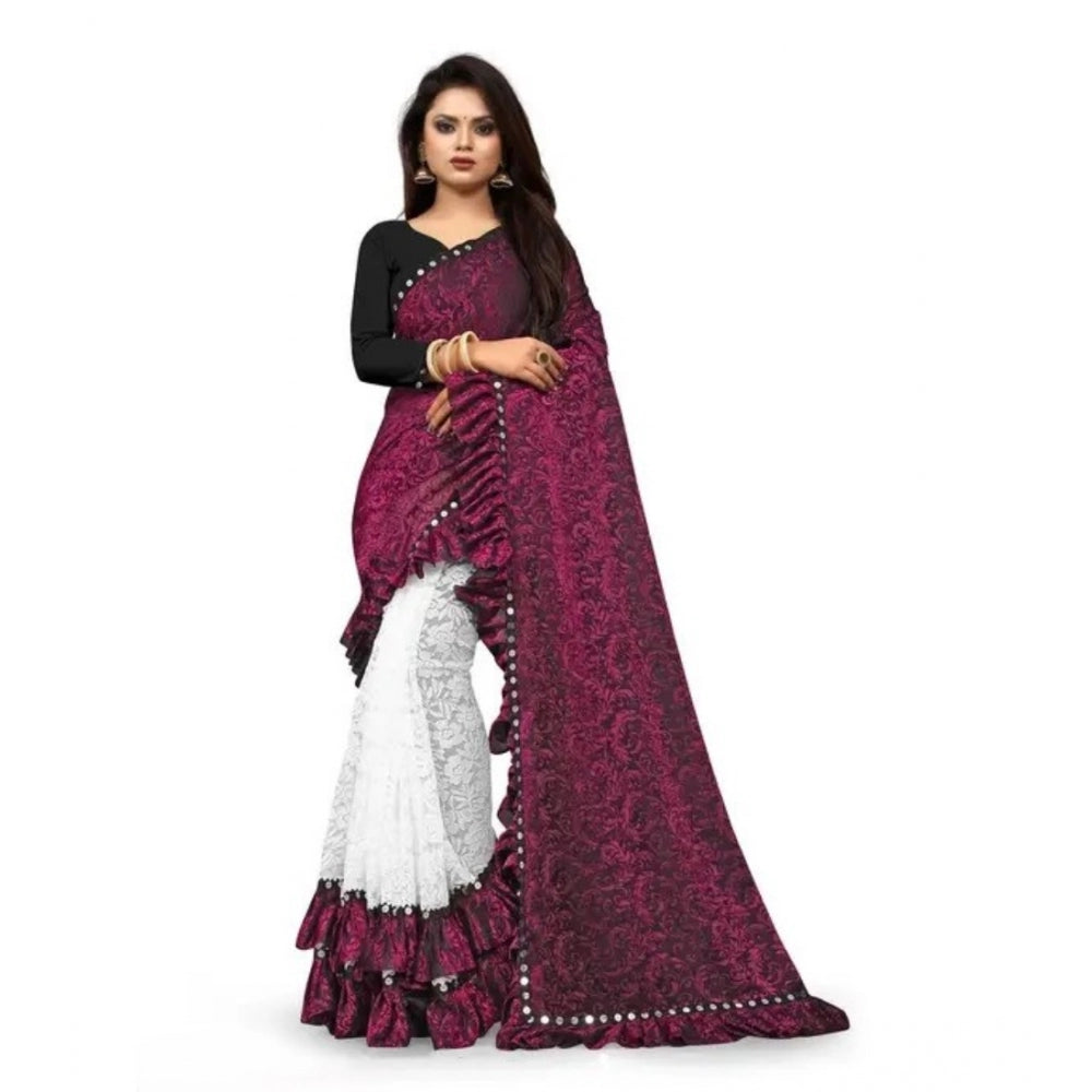 Ranili Silk With Mirror Lace Solid Saree With Unstitched Blouse