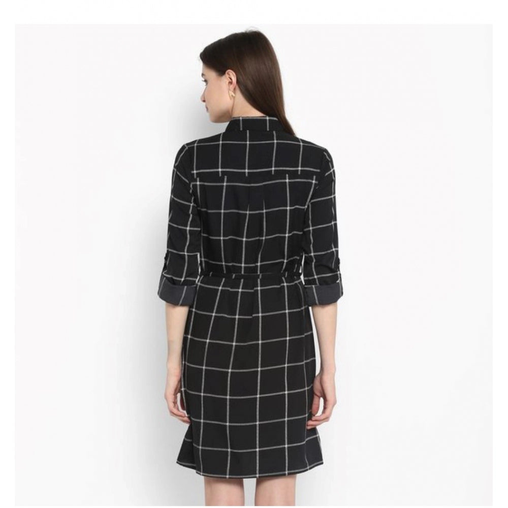 Ranili Polyester Checkered Roll Up Sleeve Above Knee Dress