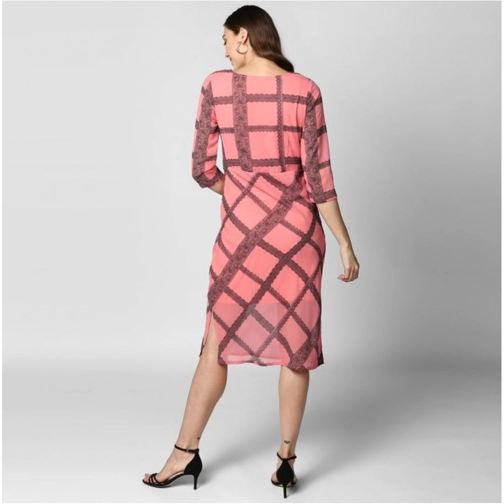 Ranili Polyester Checkered 3-4th Sleeves Below Knee Dress