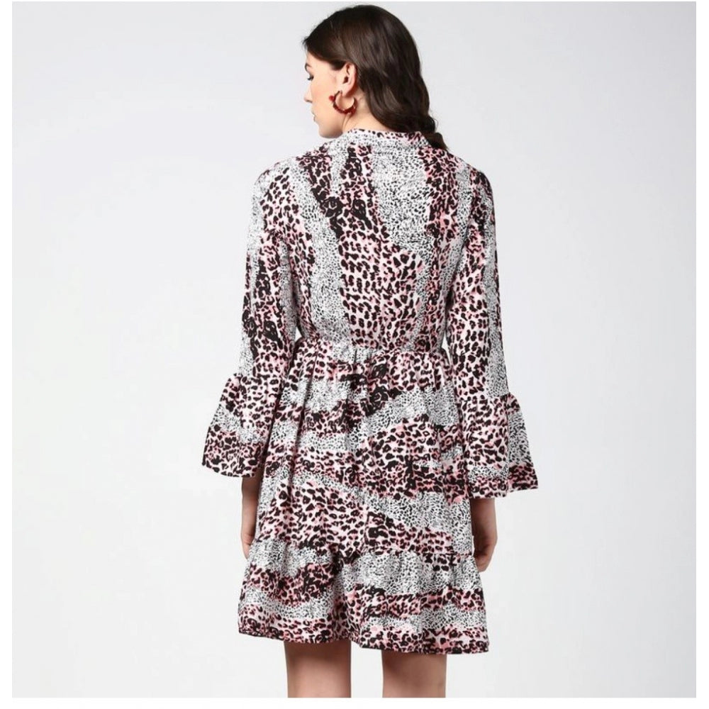 Ranili Polyester Animal Print Bell Sleeve Above Knee Dress