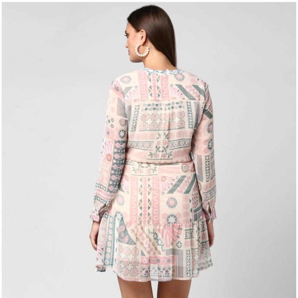 Ranili Polyester Printed Long Sleeves Above Knee Dress