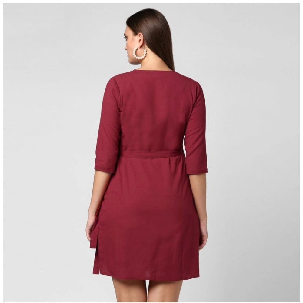 Ranili Cotton Solid 3-4th Sleeves Above Knee Dress
