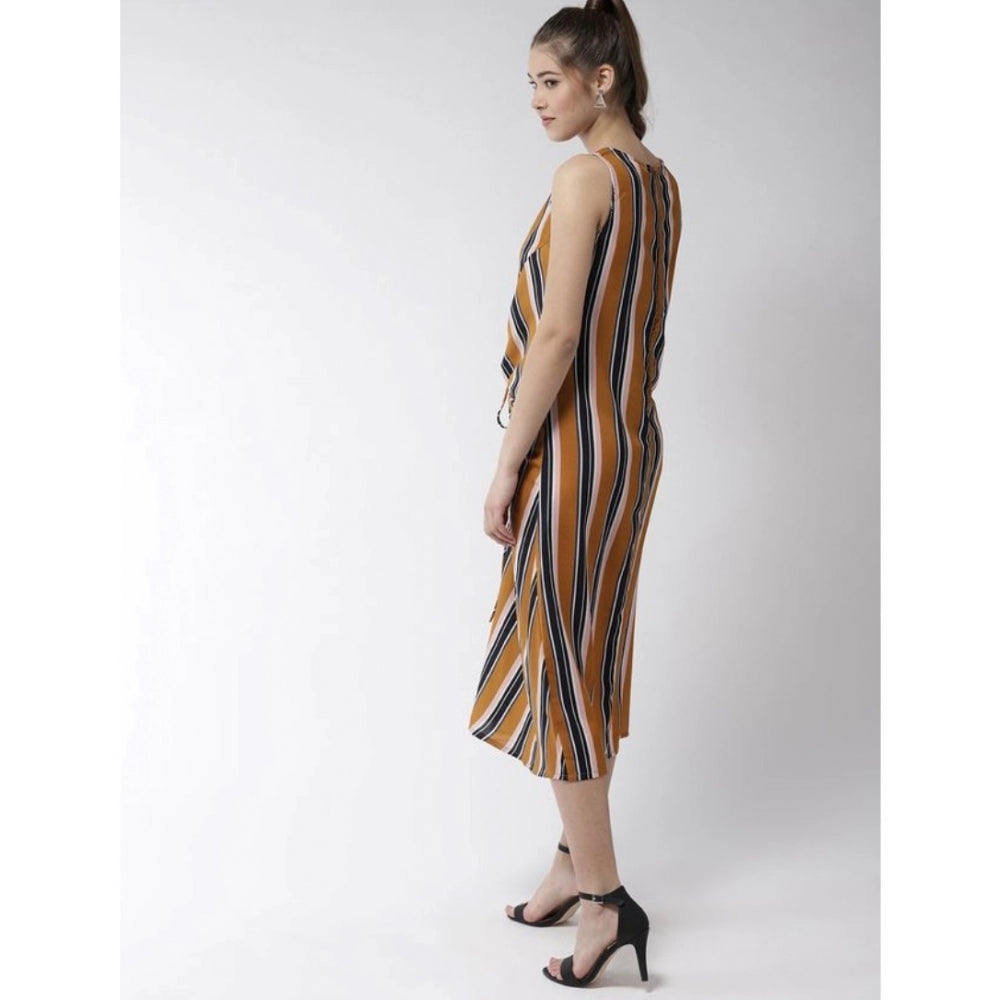 Ranili Polyester Striped Sleeveless Below Knee Dress