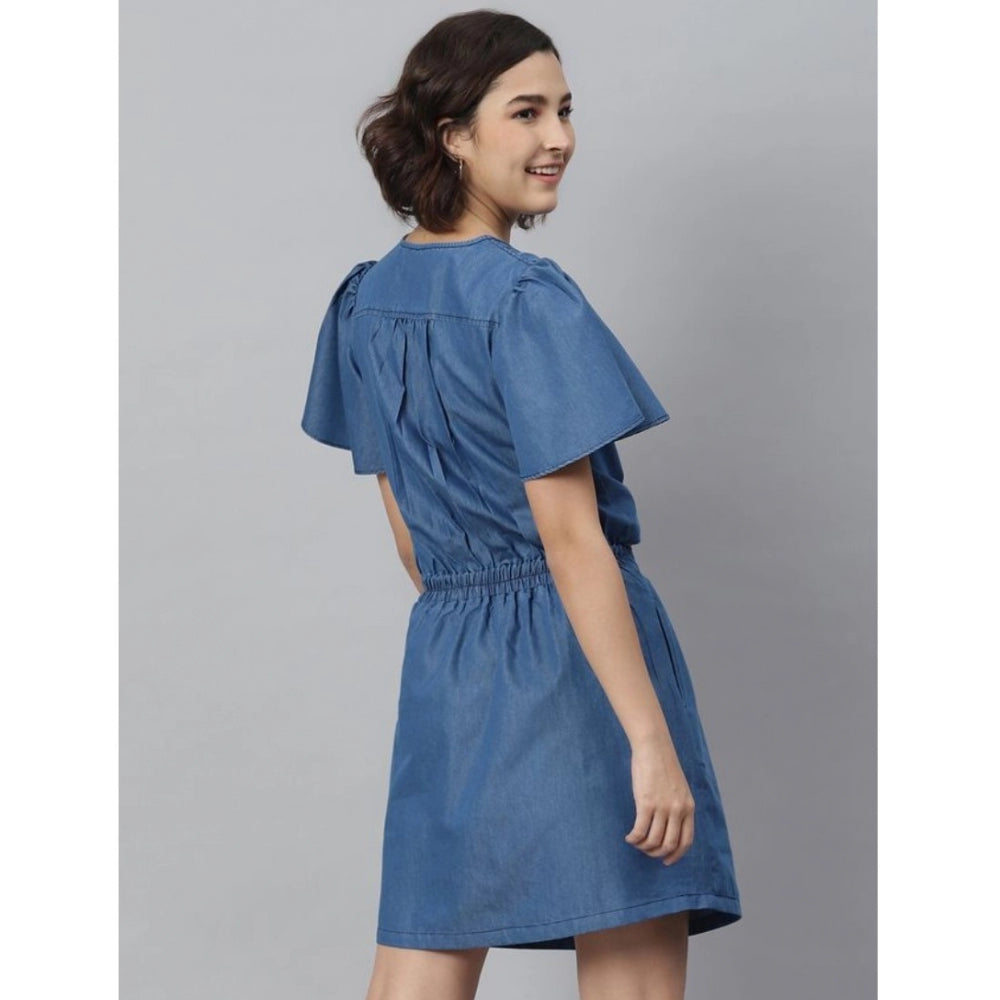 Ranili Denim Solid Flutter Above Knee Dress