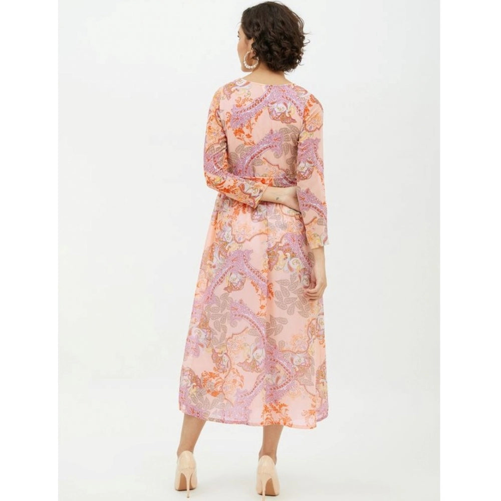 Ranili Polyester Printed Long Sleeves Calf-length Dress