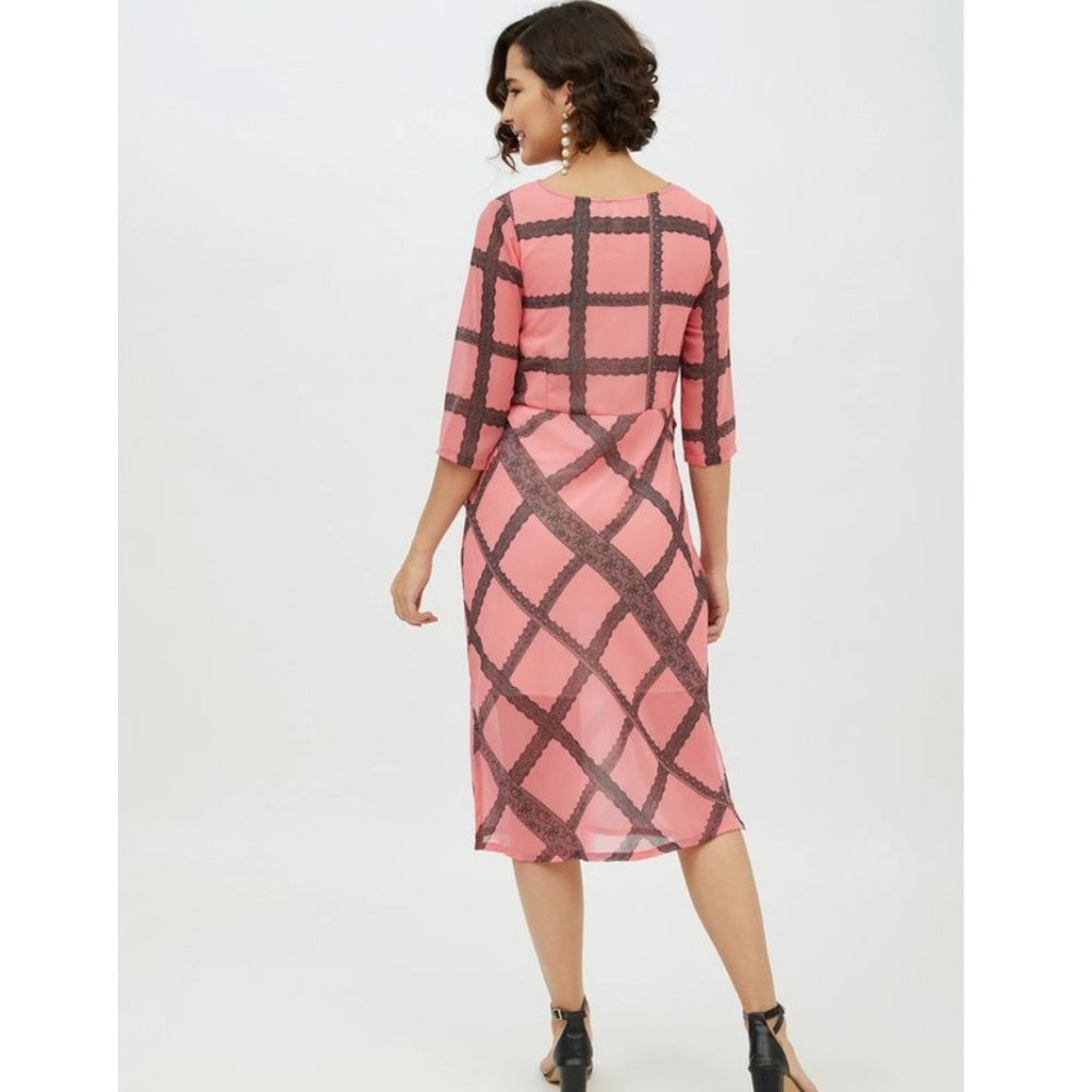 Ranili Polyester Checkered 3-4th Sleeves Below Knee Dress
