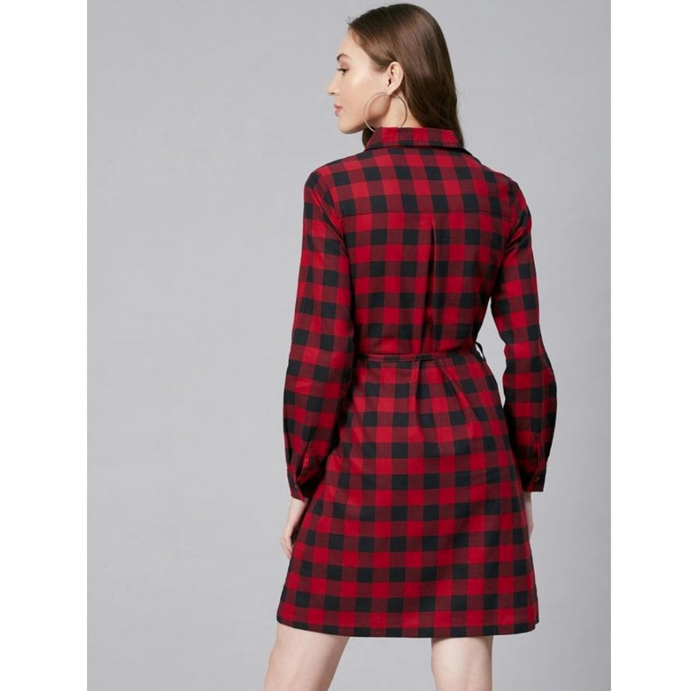 Ranili Cotton Checkered Long Sleeves Above Knee Dress