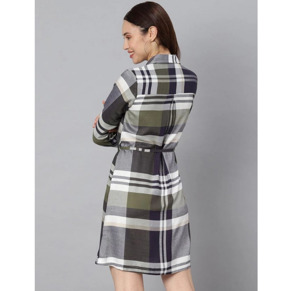 Ranili Cotton Checkered Long Sleeves Above Knee Dress