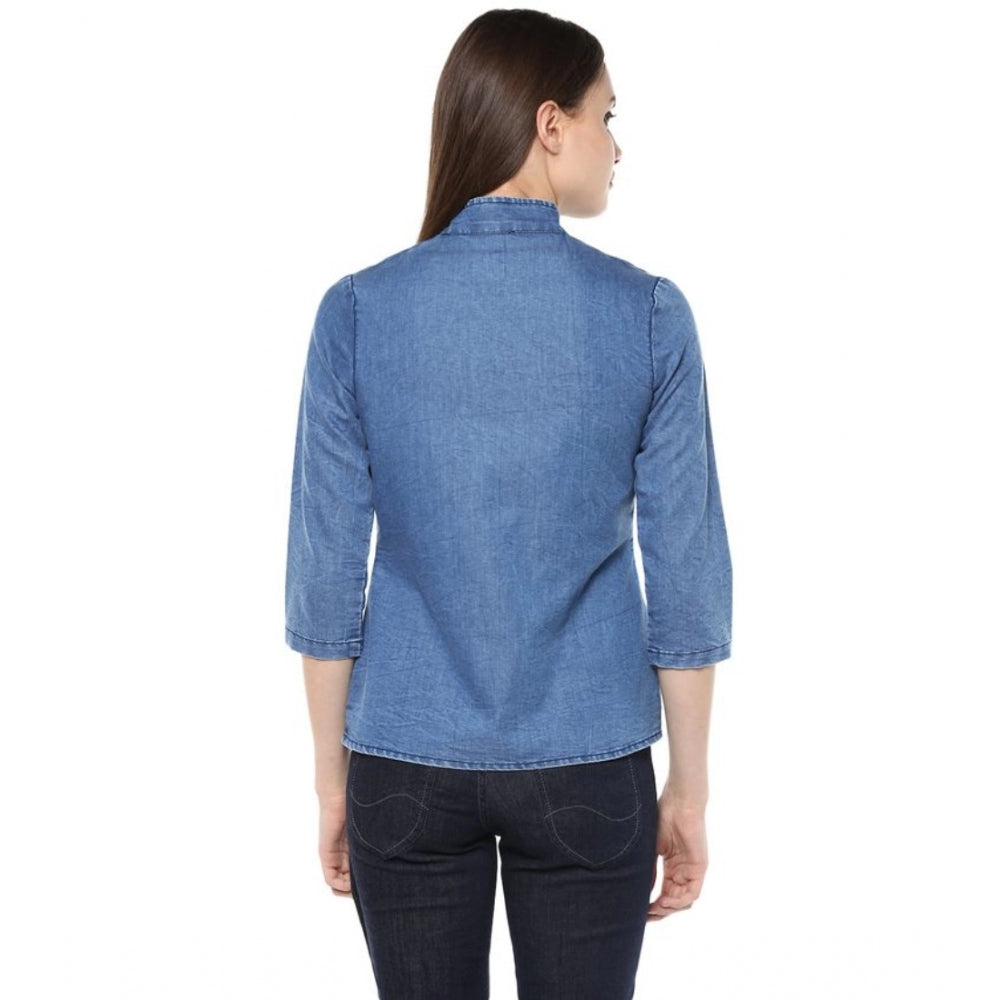 Ranili Denim Solid 3-4th Sleeves Regular Top