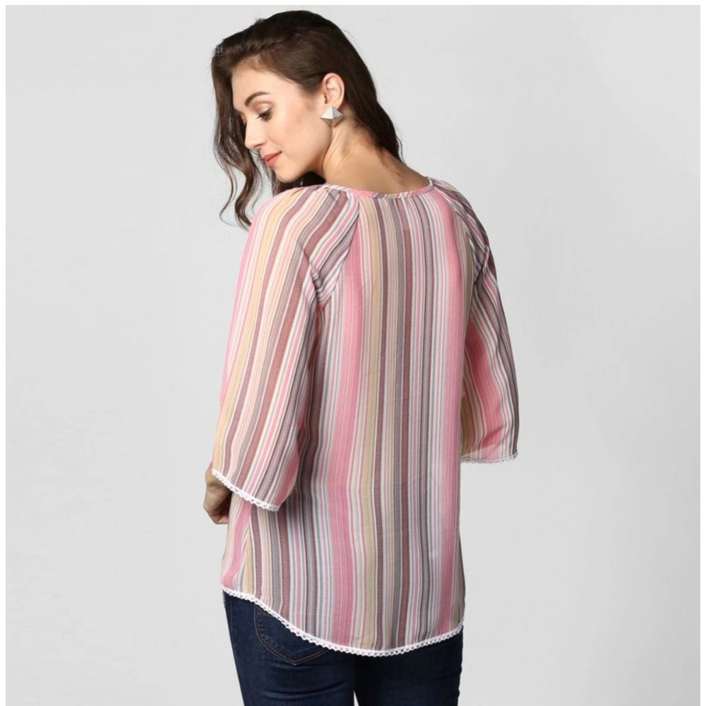 Ranili Polyester Striped 3-4th Sleeves Top