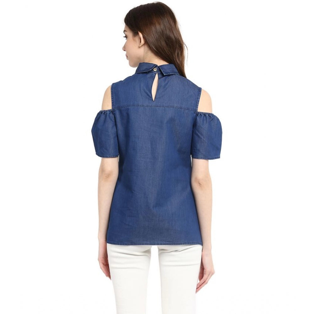 Ranili Denim Solid Cold Shoulder Regular Top