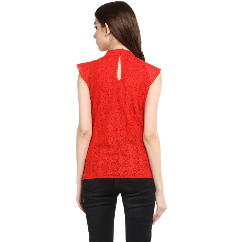 Ranili Cotton Lace Embellished Cap Sleeve Regular Top