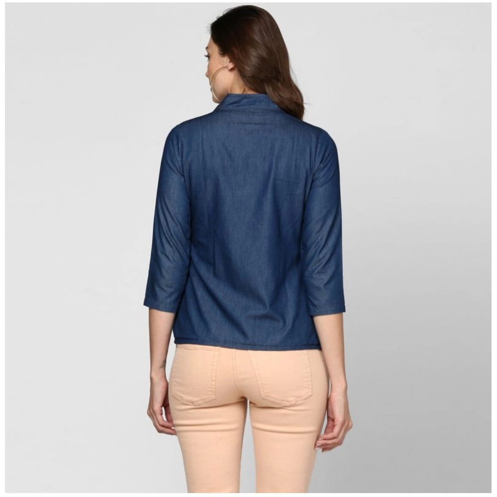 Ranili Denim Solid 3-4th Sleeves Top