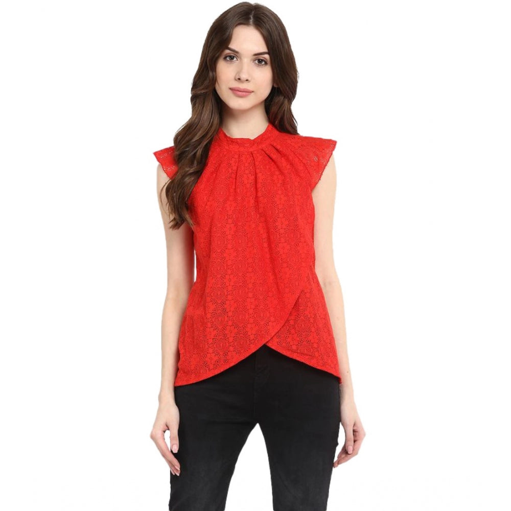 Ranili Cotton Lace Embellished Cap Sleeve Regular Top