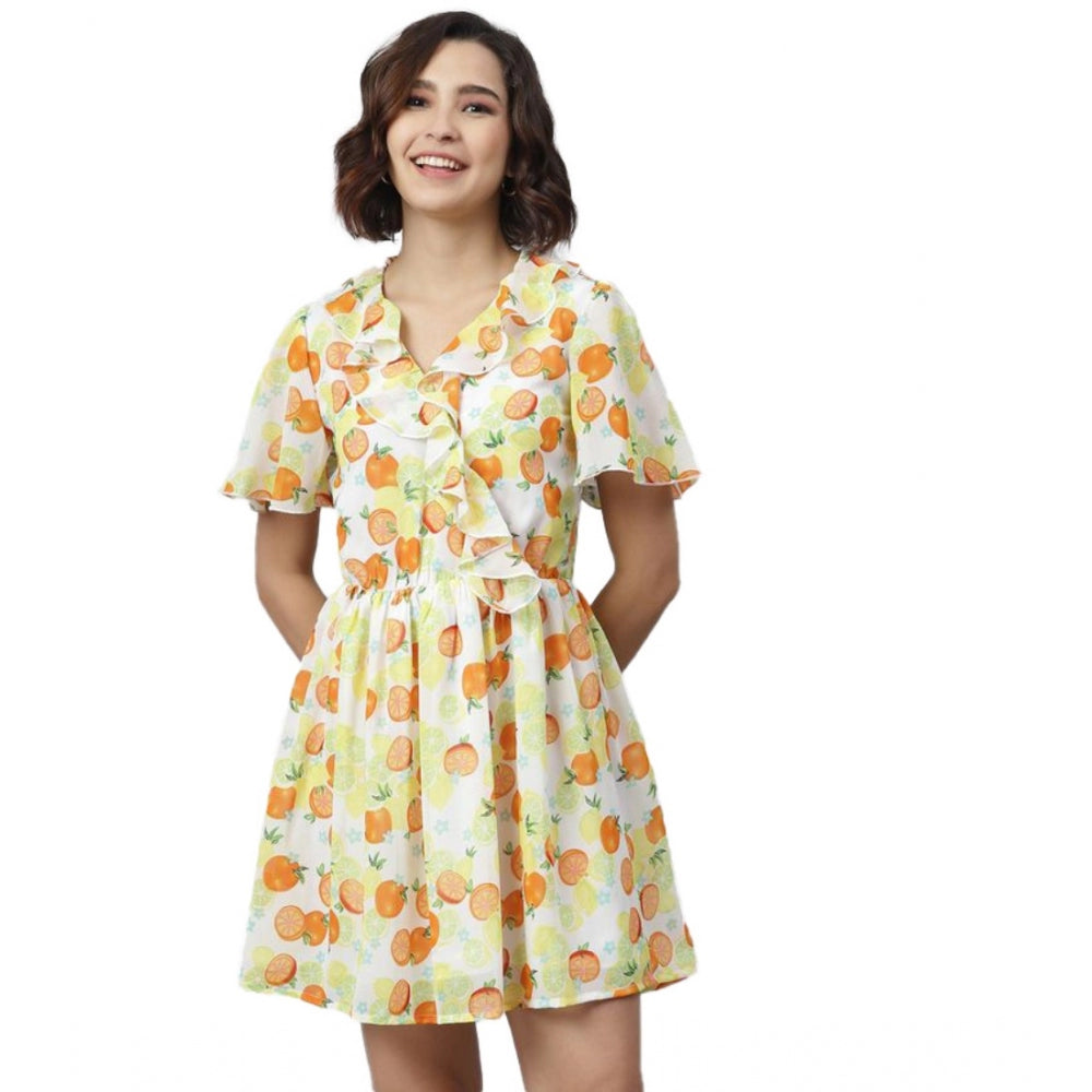 Ranili Polyester Printed Flutter Above Knee Dress