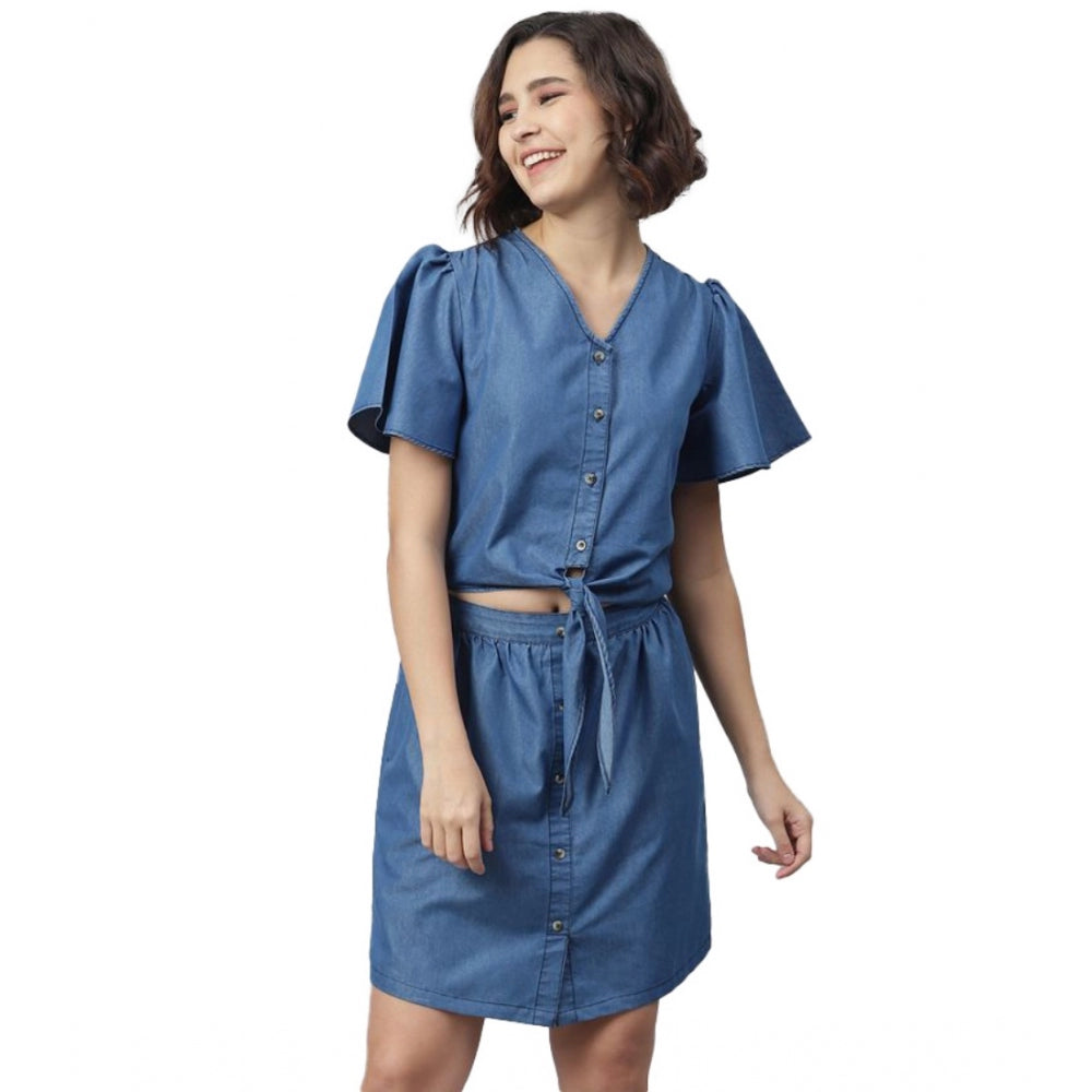 Ranili Denim Solid Flutter Above Knee Dress