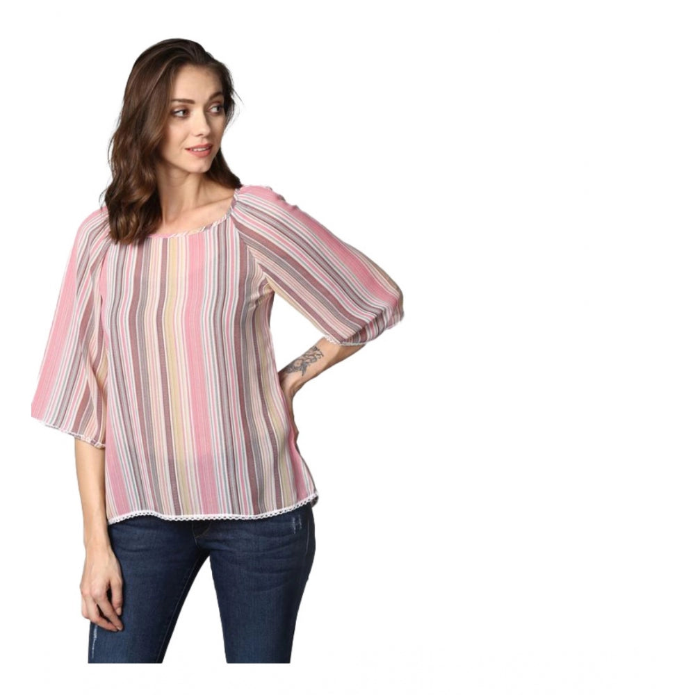Ranili Polyester Striped 3-4th Sleeves Top
