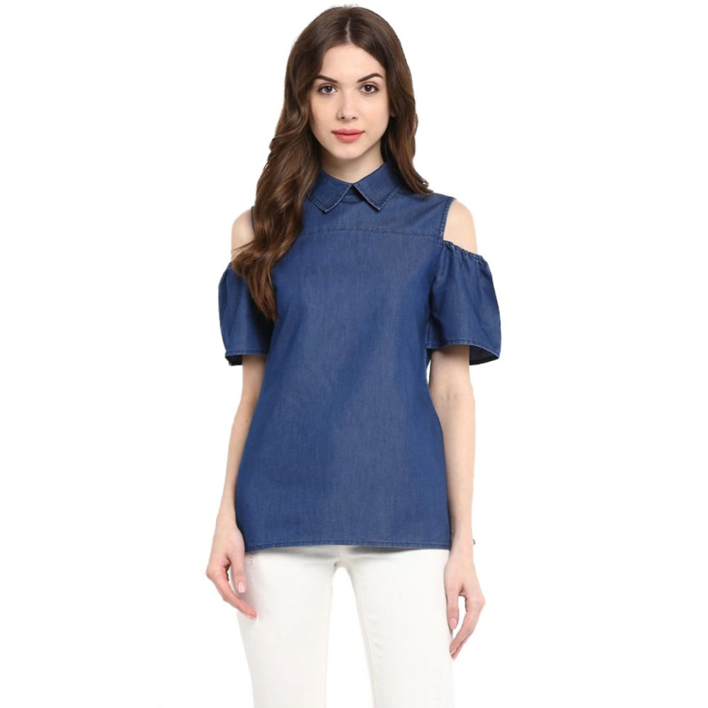 Ranili Denim Solid Cold Shoulder Regular Top