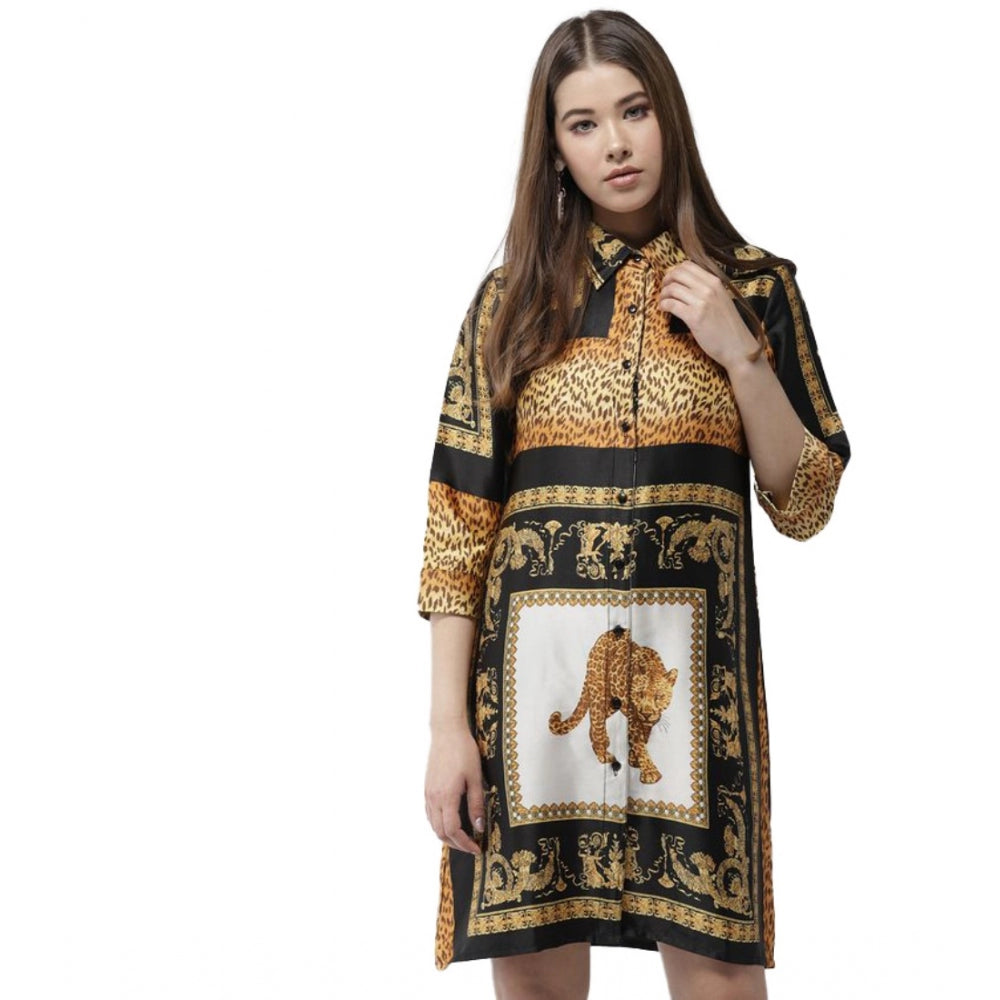 Ranili Satin Animal Print 3-4th Sleeves Above Knee Dress