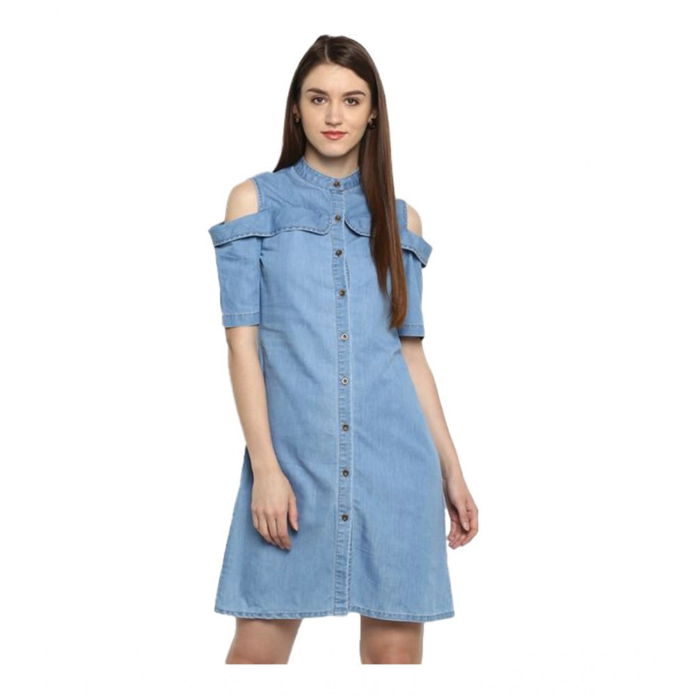 Ranili Denim Solid Cold Shoulder Above Knee Dress