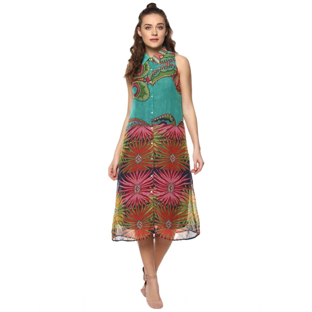 Ranili Polyester Floral Sleeveless Below Knee Dress