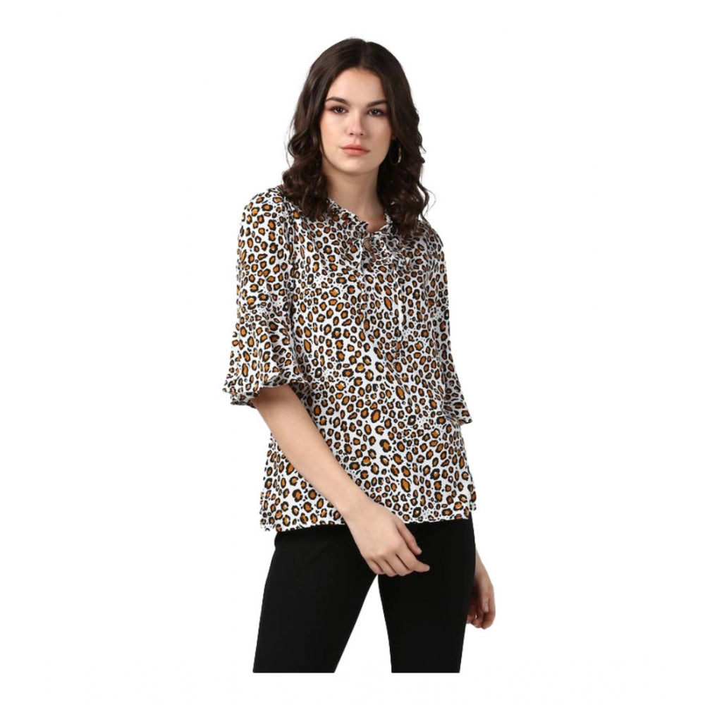 Ranili Polyester Animal Print Bell Sleeve Top