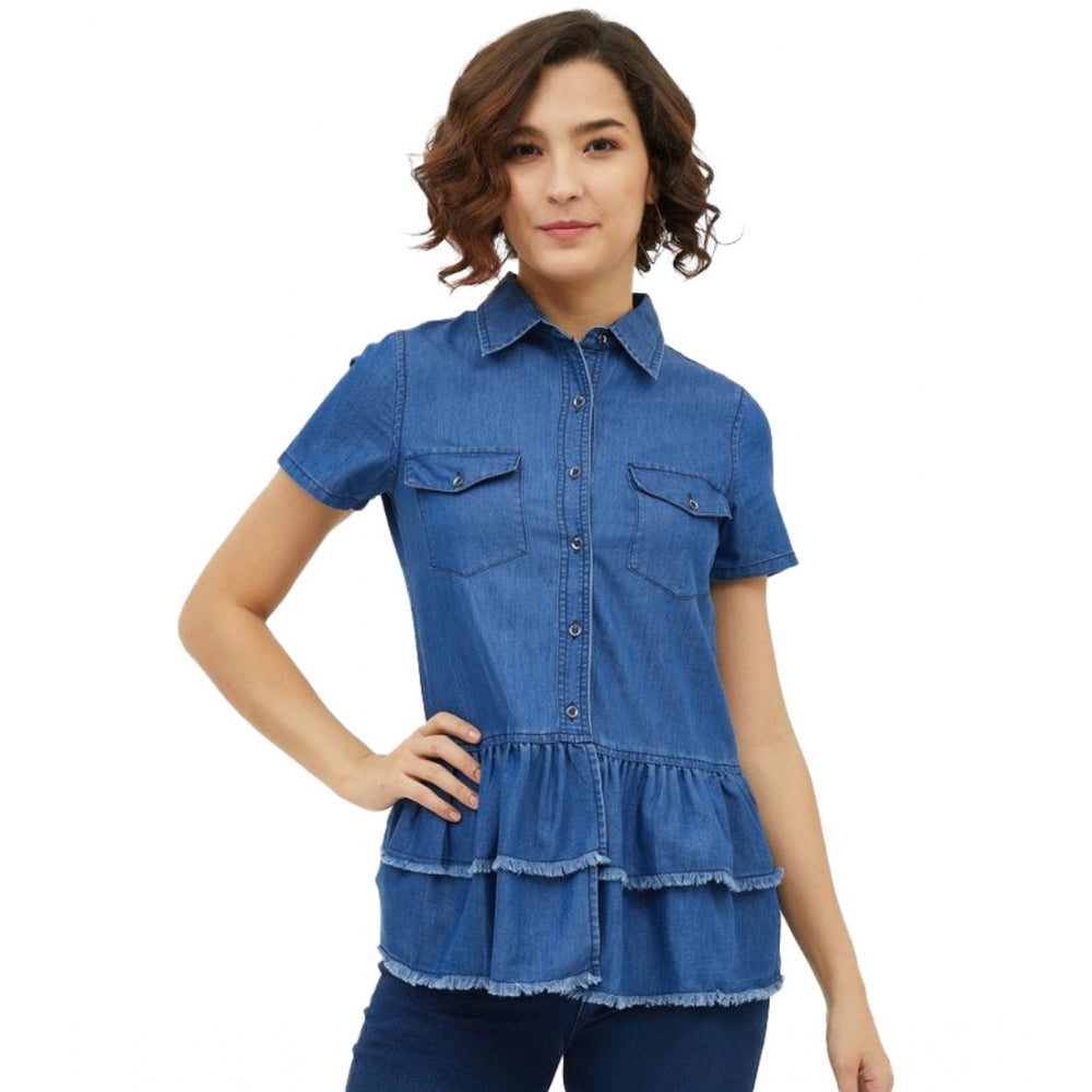Ranili Denim Peplum Short Sleeve Top