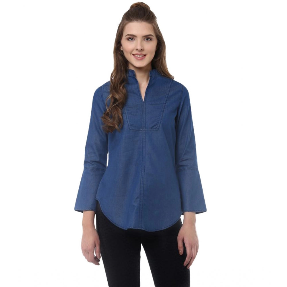Ranili Denim Solid Bell Sleeve Regular Top