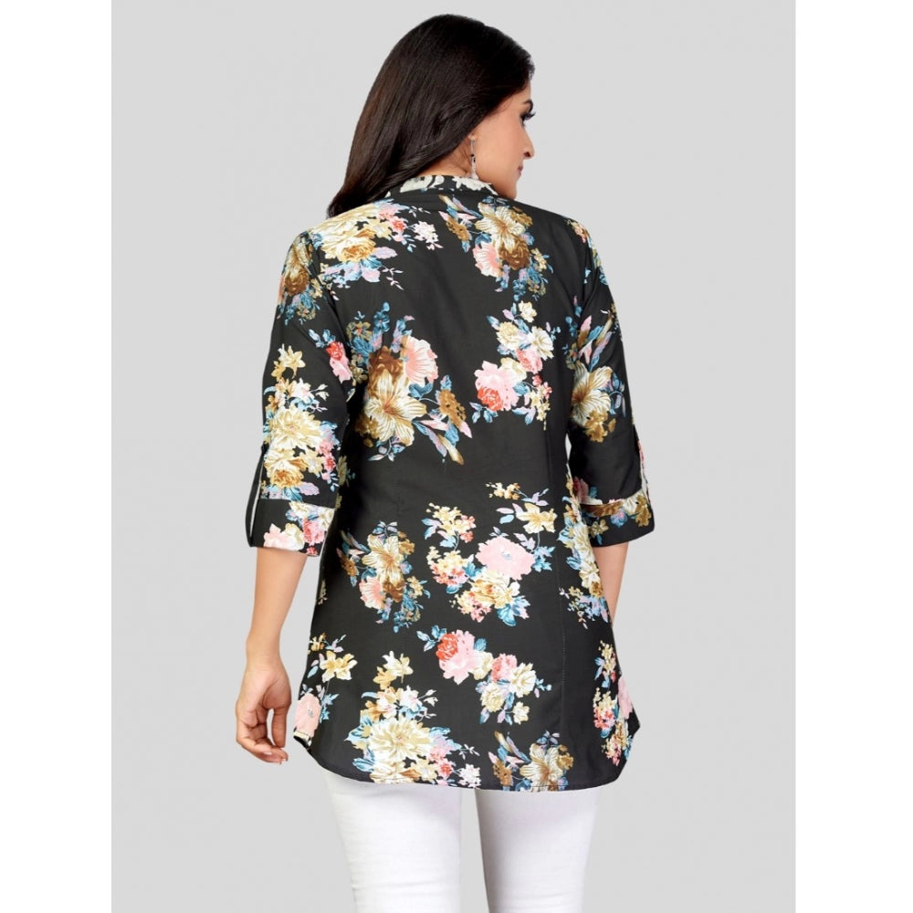 Ranili Poly Crepe Mandarin Collar 3/4 Sleeves Short Top