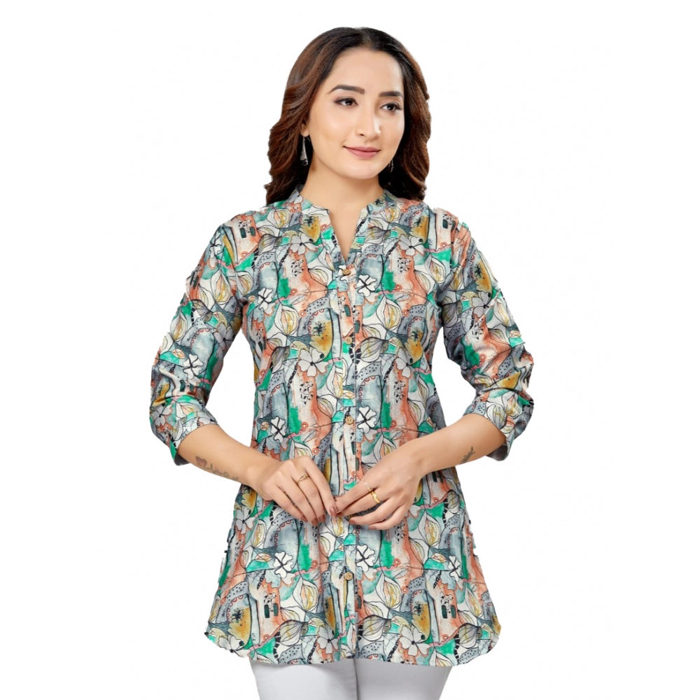 Ranili Cotton Blend Mandarin Collar 3/4 Sleeves Short Top