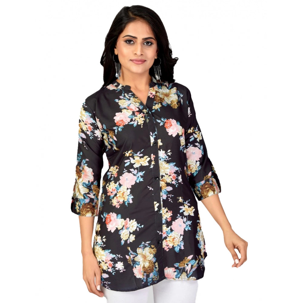 Ranili Poly Crepe Mandarin Collar 3/4 Sleeves Short Top
