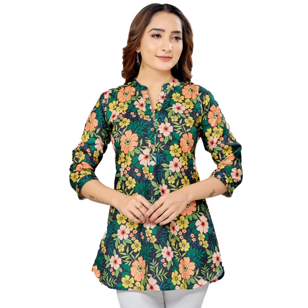 Ranili Cotton Blend Mandarin Collar 3/4 Sleeves Short Top