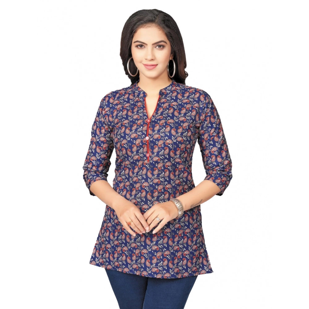 Ranili Cotton Blend Mandarin Collar 3/4 Sleeves Short Top