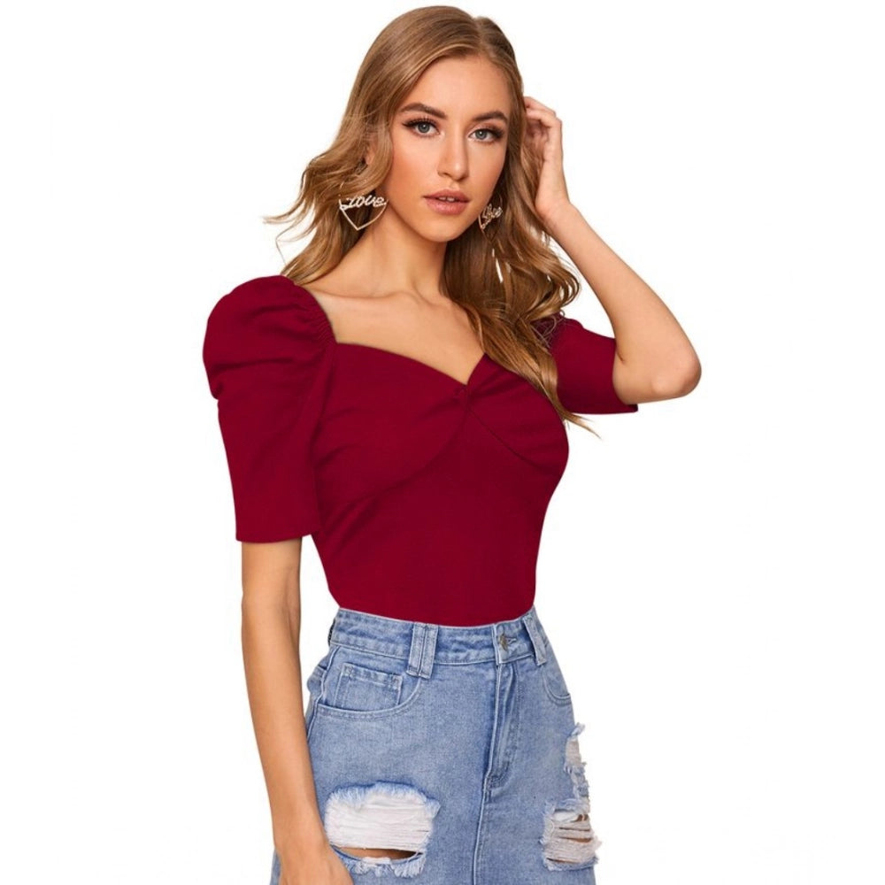 Ranili Polyester Solid Puff Short Sleeves Sweetheart Neck Top