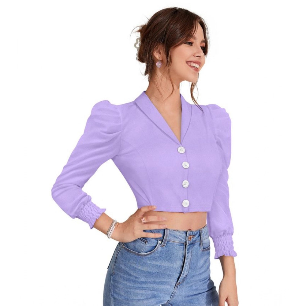 Ranili Polyester Solid Puff Sleeves Lapel Collar Top