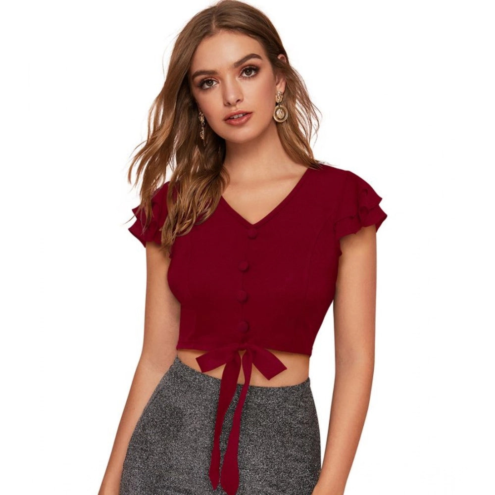 Ranili Polyester Solid Short Sleeves V Neck Top