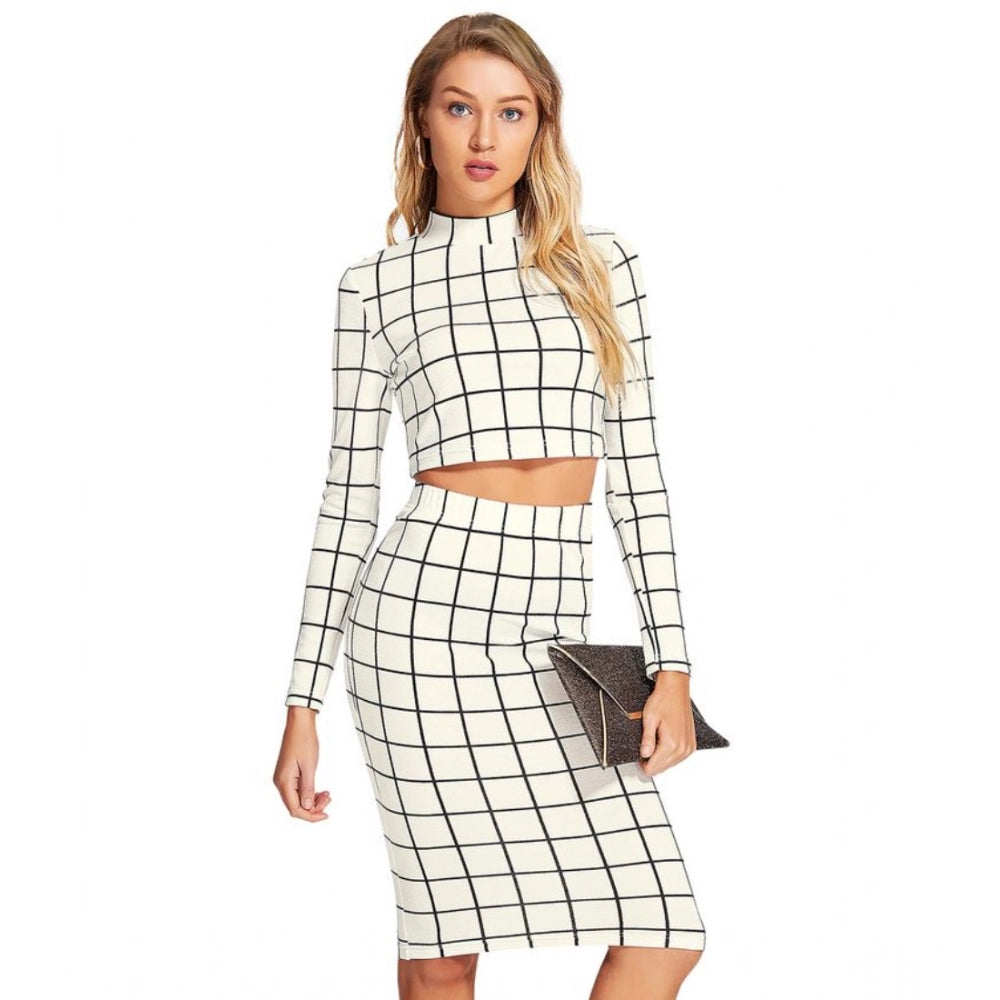 Ranili Polyester Checkered Full Sleeves Stand Collar Crop Top Skirt Set
