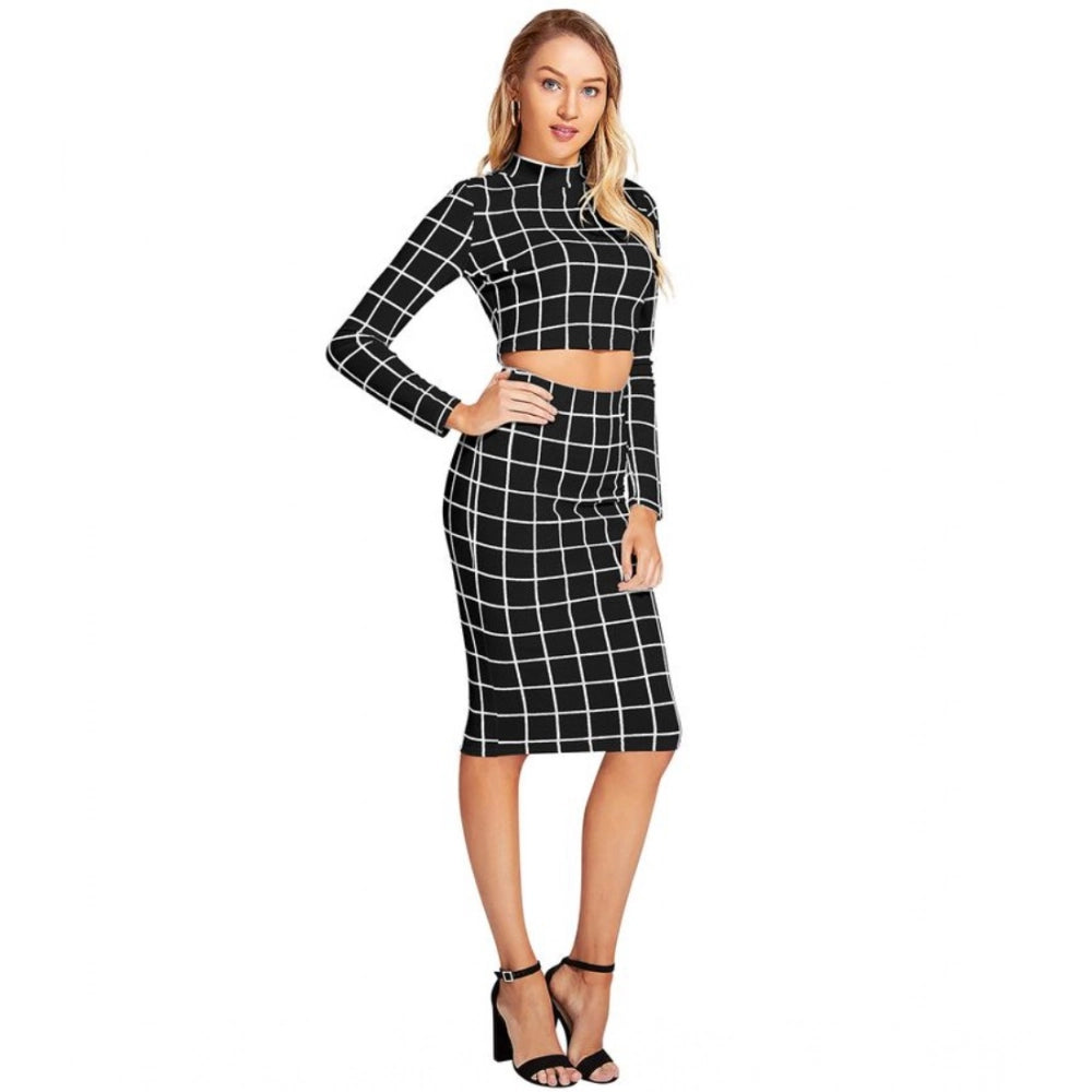 Ranili Polyester Checkered Full Sleeves Stand Collar Crop Top Skirt Set