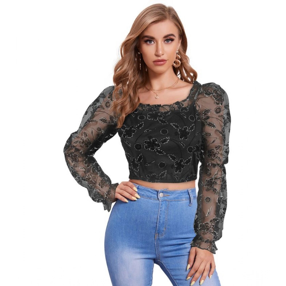 Ranili Polyester Solid Full Sleeves Square Collar Top