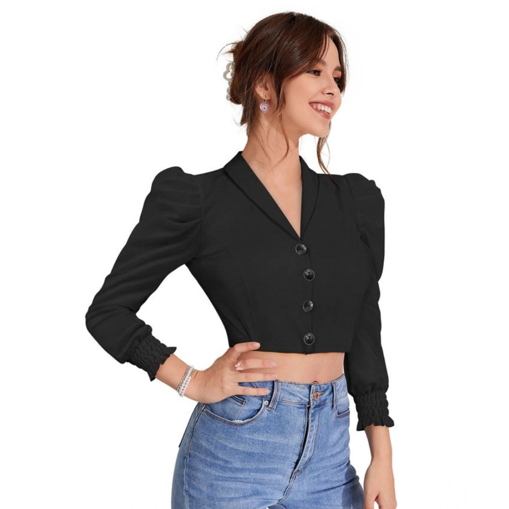 Ranili Polyester Solid Puff Sleeves Lapel Collar Top