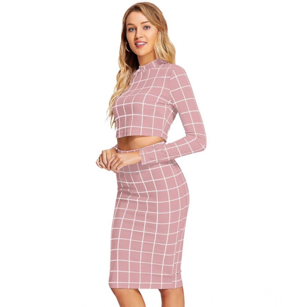 Ranili Polyester Checkered Full Sleeves Stand Collar Crop Top Skirt Set