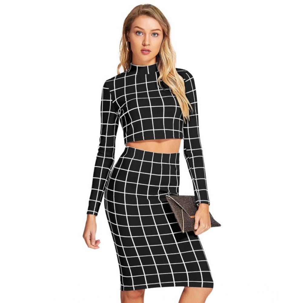 Ranili Polyester Checkered Full Sleeves Stand Collar Crop Top Skirt Set