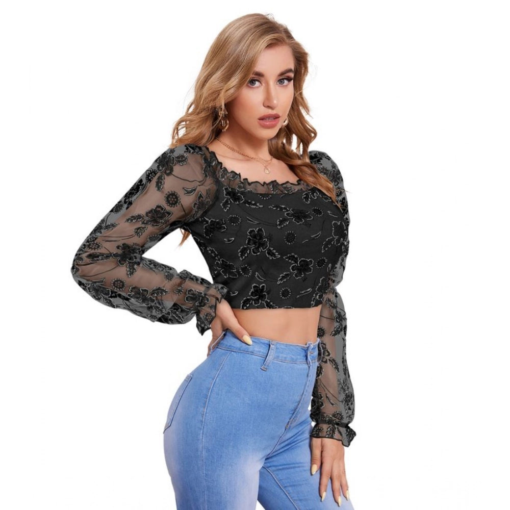 Ranili Polyester Solid Full Sleeves Square Collar Top